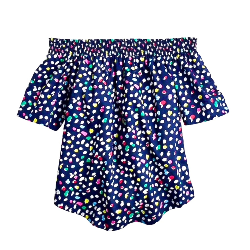 J. Crew | Navy Blue Multi Confetti Ratti Happy Cat Print Off The Shoulder Top